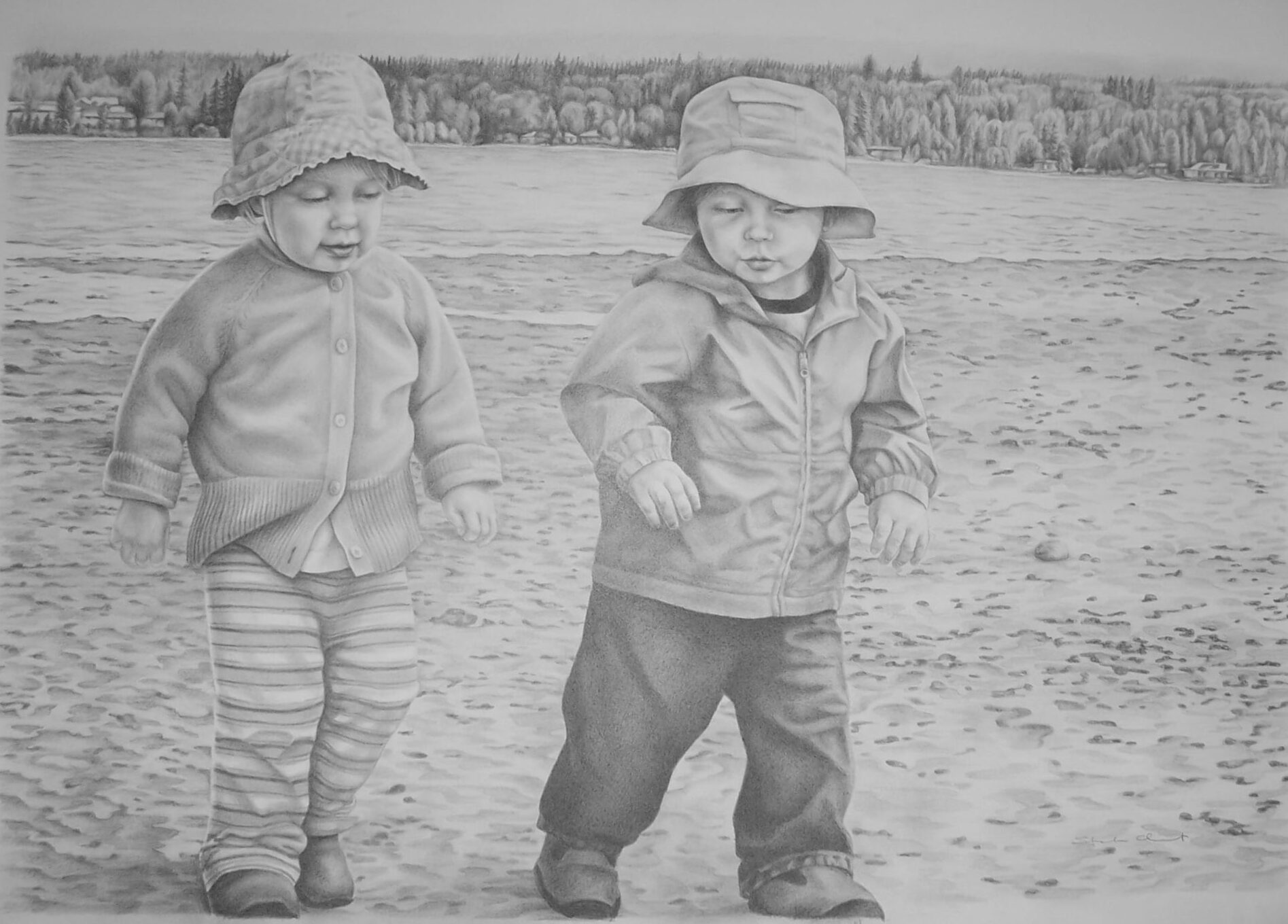 twins walking on the beach, kids pencil art work, black and white